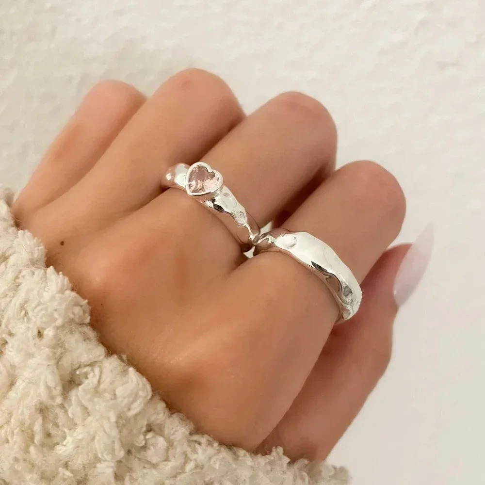 925 Sterling Silver Minimalist Ring Hammered Ring Band Pink Heart Ring